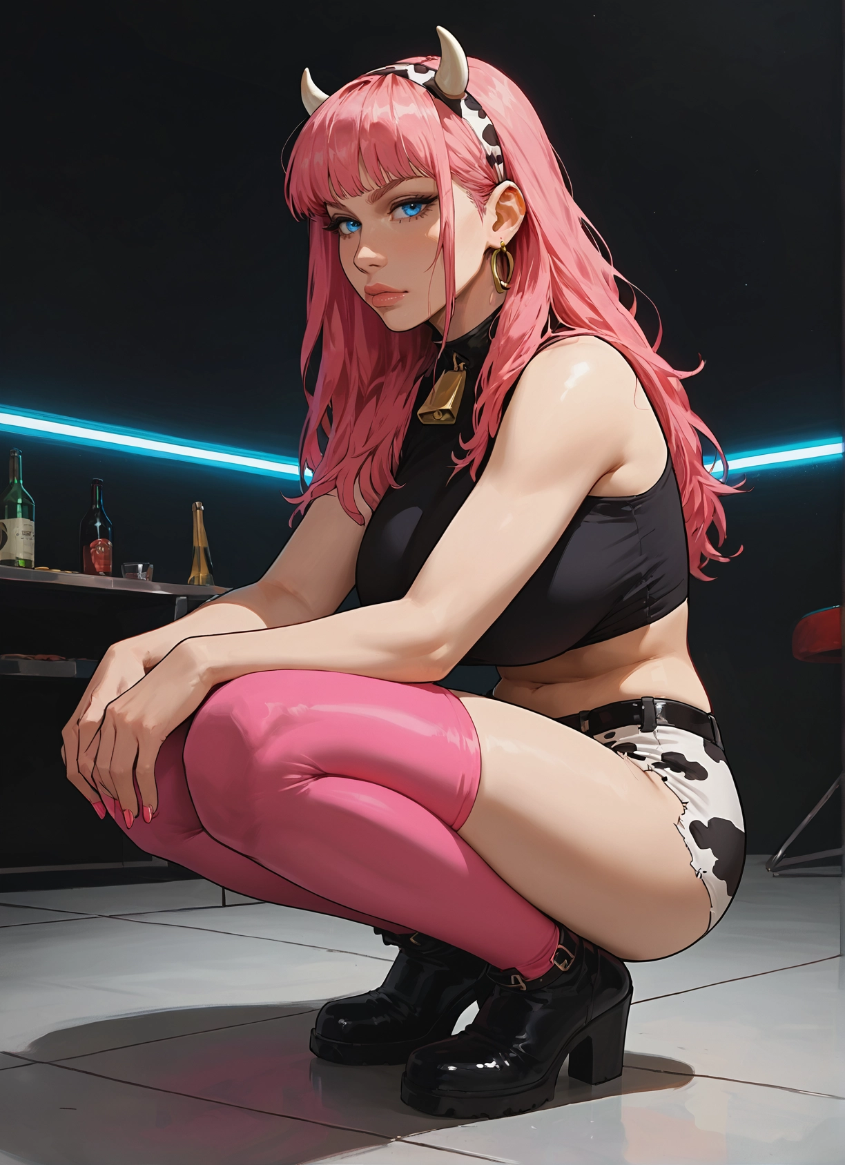 1girl, pink hair, thighhighs, jewelry, horns, blue eyes · Yamete.gg