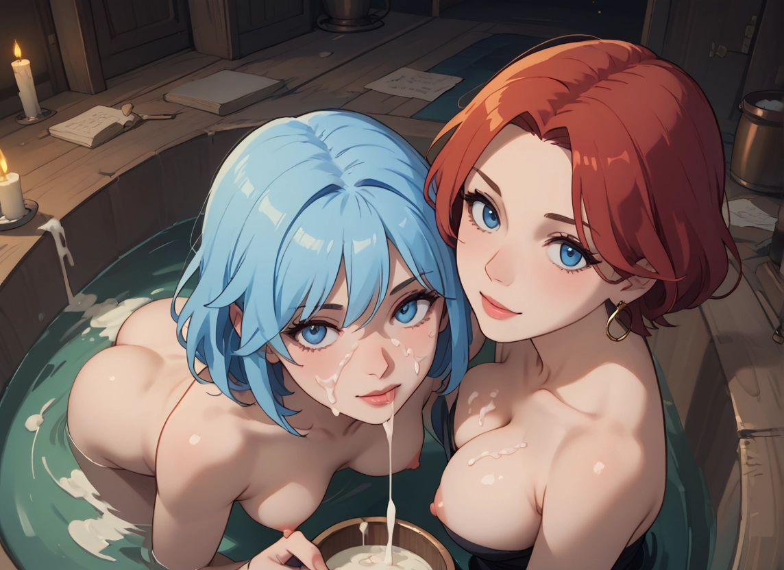 breasts, multiple girls, 2girls, nipples, blue eyes, cum · Yamete.gg