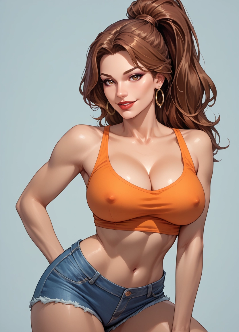 1girl, breasts, shorts, jewelry, earrings, solo