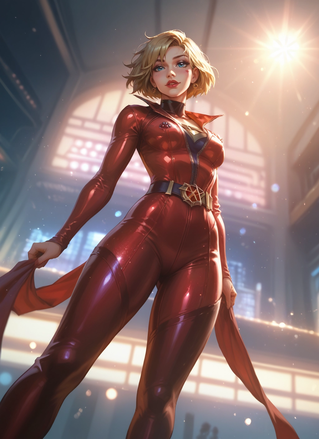 1girl, blonde hair, blue eyes, bodysuit, short hair, jewelry · Yamete.gg
