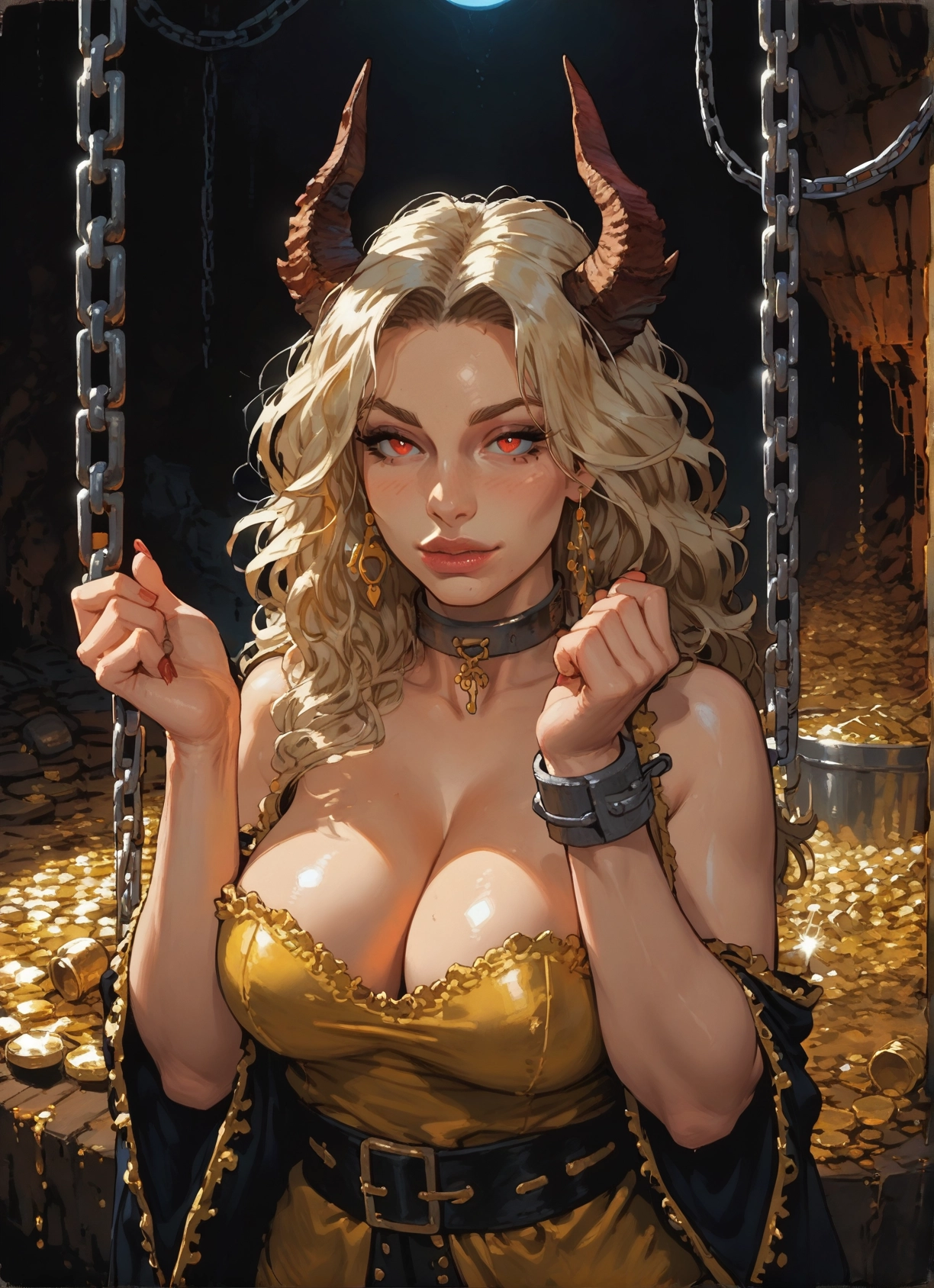 1girl, breasts, horns, jewelry, cleavage, earrings · Yamete.gg