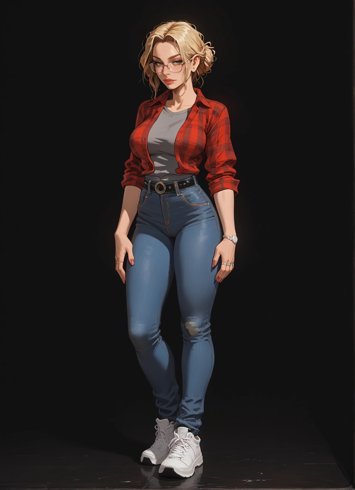 1girl, blonde hair, pants, glasses, jewelry, breasts · Yamete.gg