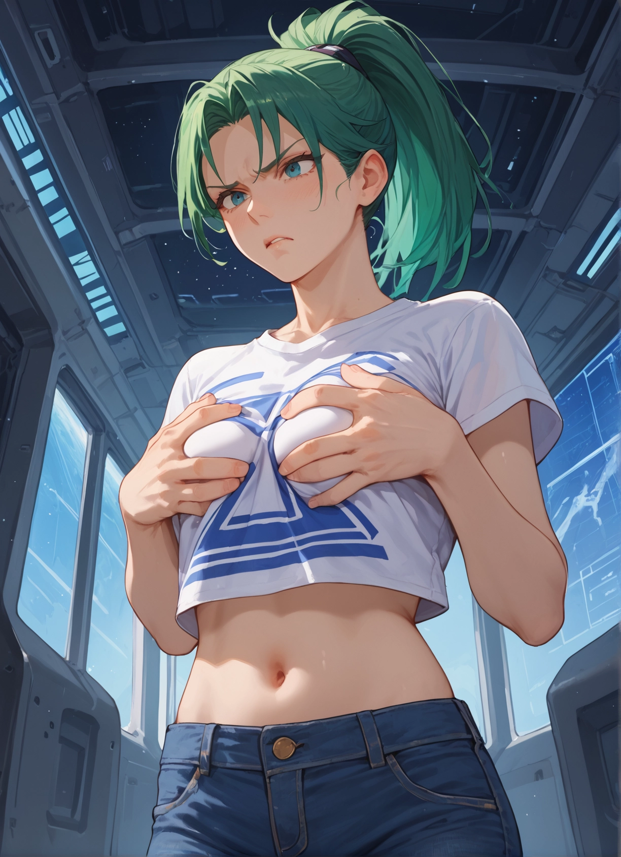 1girl, navel, breasts, green hair, shirt, ponytail · Yamete.gg