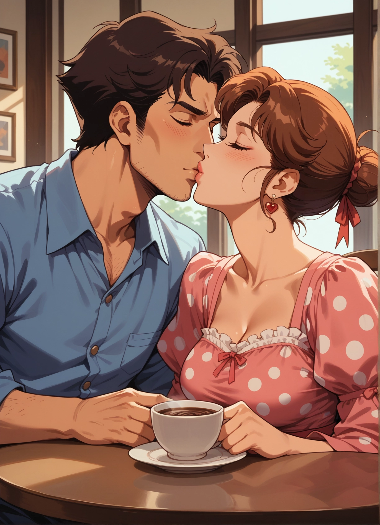 1girl, 1boy, kiss, breasts, brown hair, cup · Yamete.gg