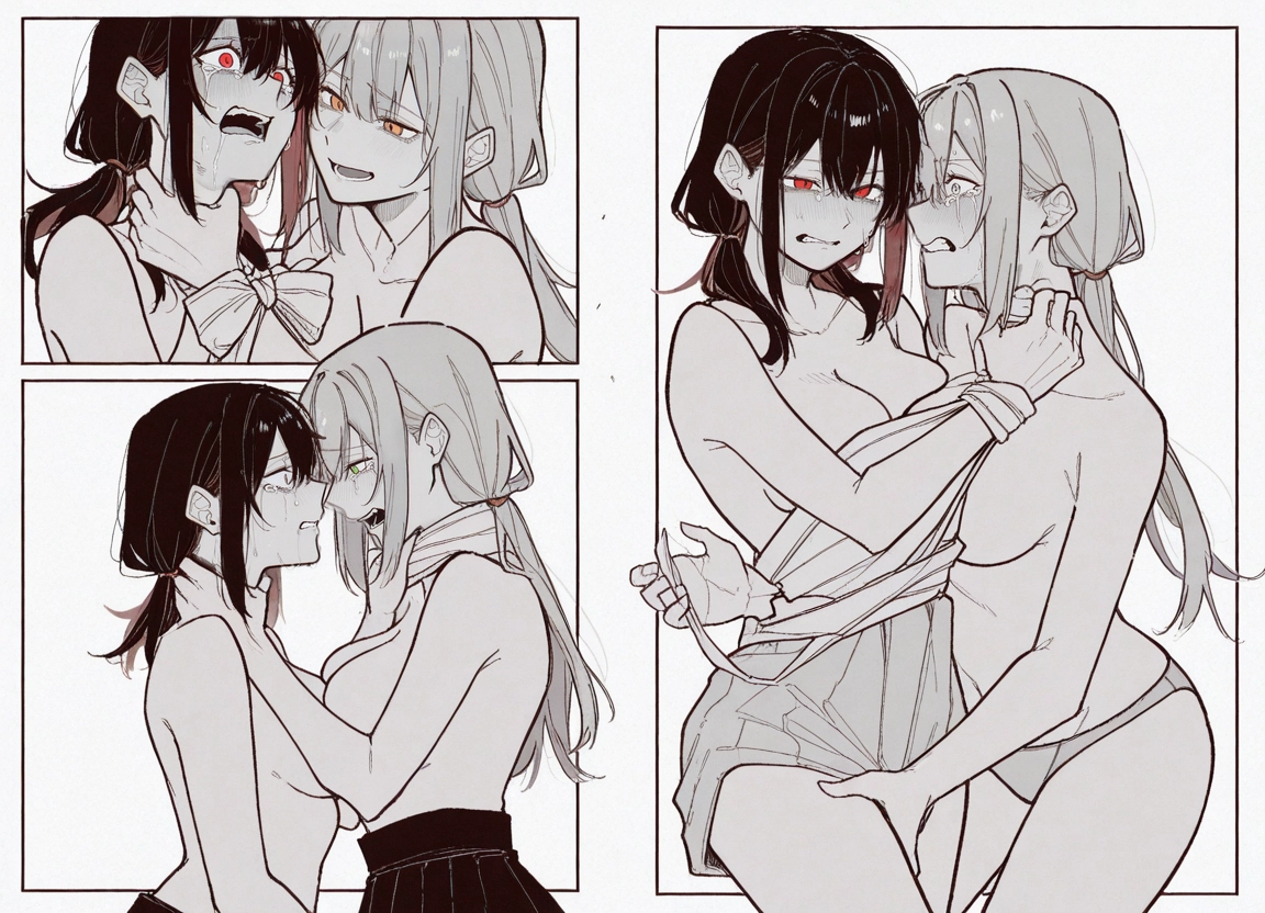 multiple girls, 2girls, yuri, breasts, underwear, topless