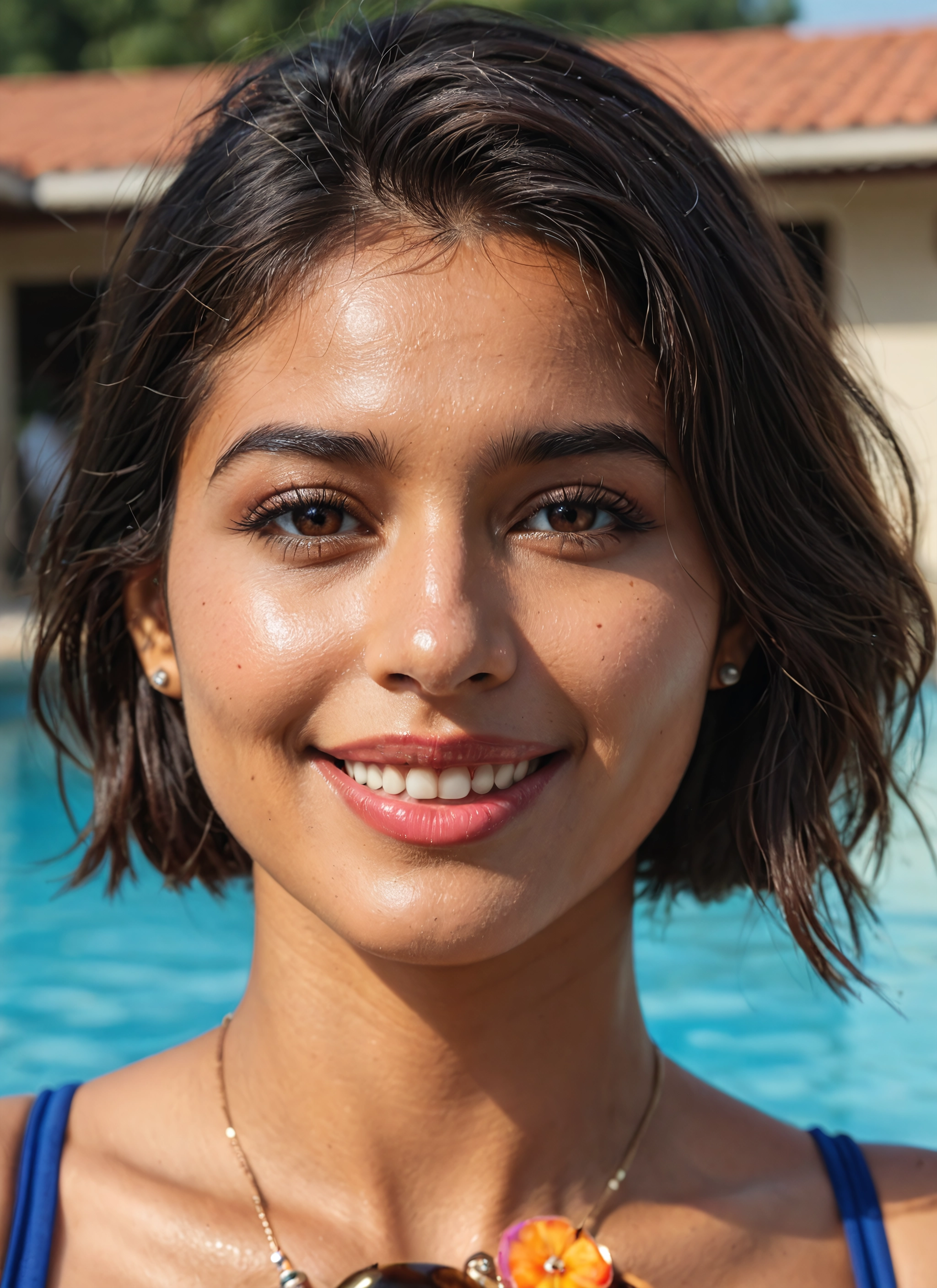 1girl, solo, jewelry, smile, brown eyes, necklace · Yamete.gg