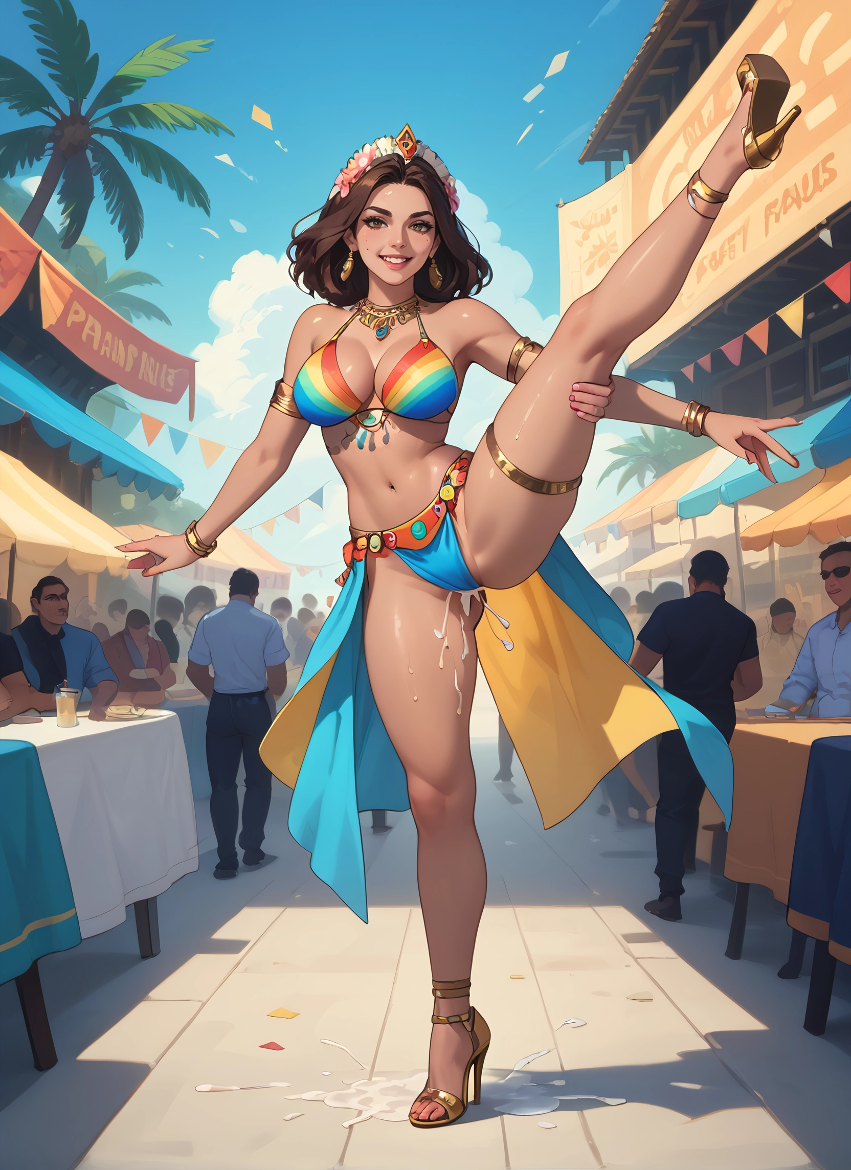 breasts, jewelry, high heels, brown hair, 1girl, cum · Yamete.gg