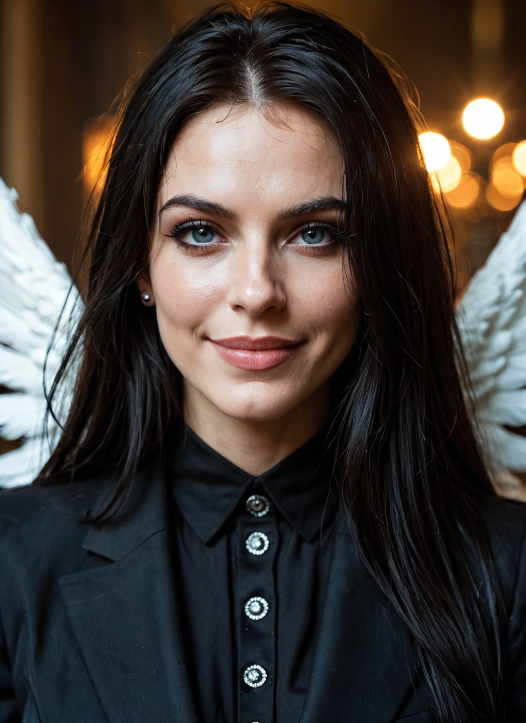 1girl, solo, wings, black hair, jewelry, long hair · Yamete.gg