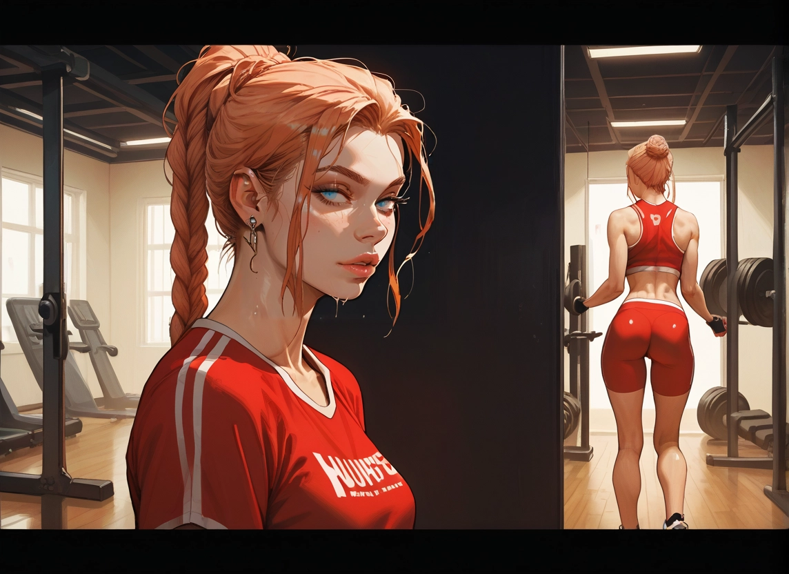 1girl, gym, braid, blue eyes, ass, sweat · Yamete.gg