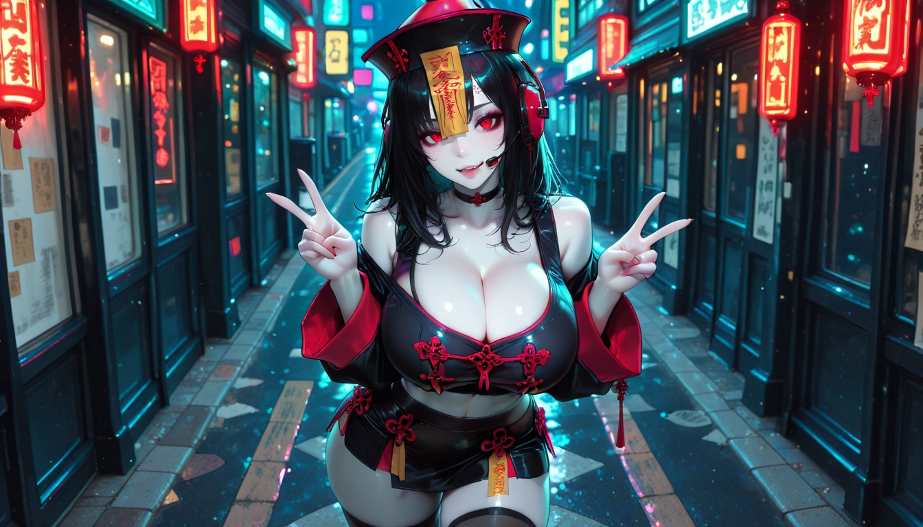 1girl, breasts, double v, solo, v, jiangshi · Yamete.gg