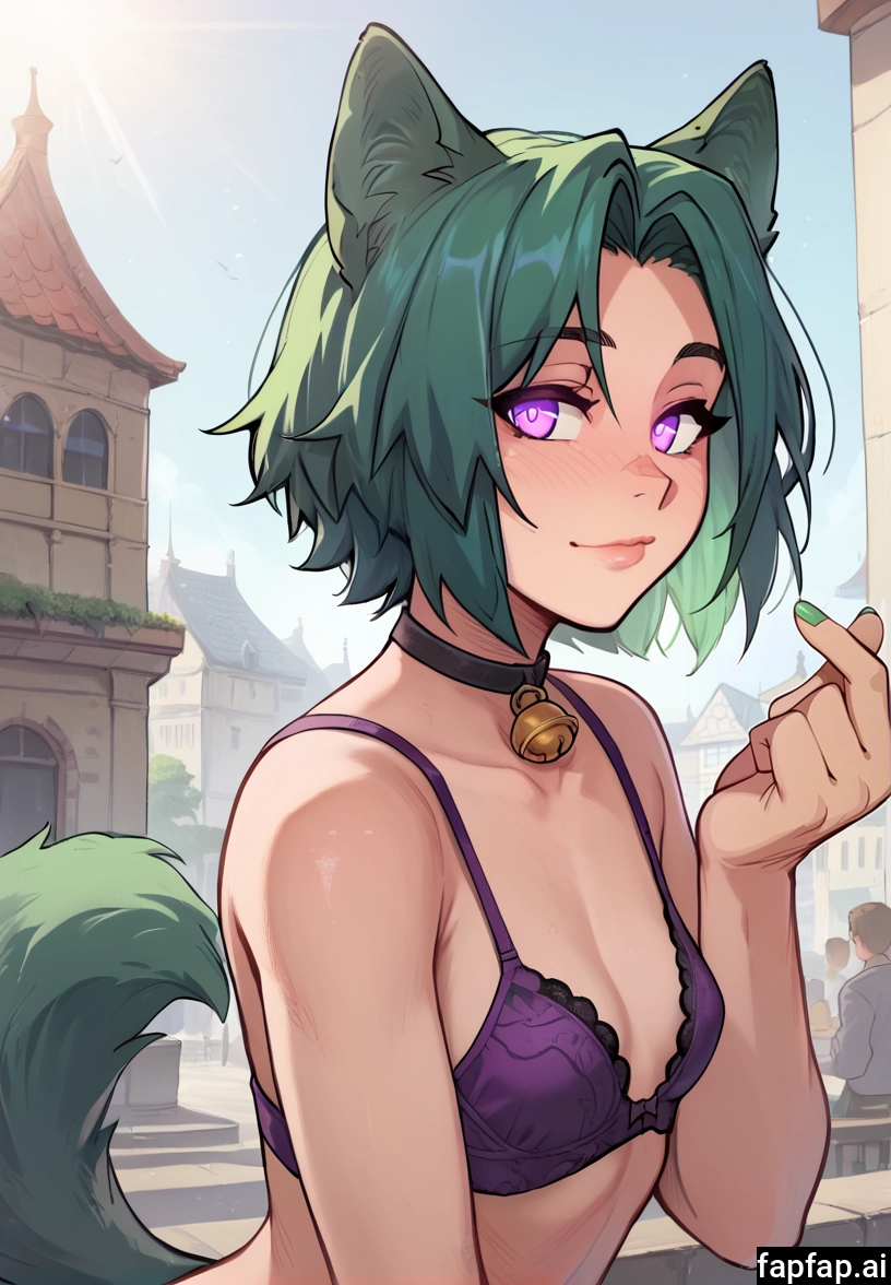 underwear, green nails, animal ears, purple bra, tail, bell · Yamete.gg