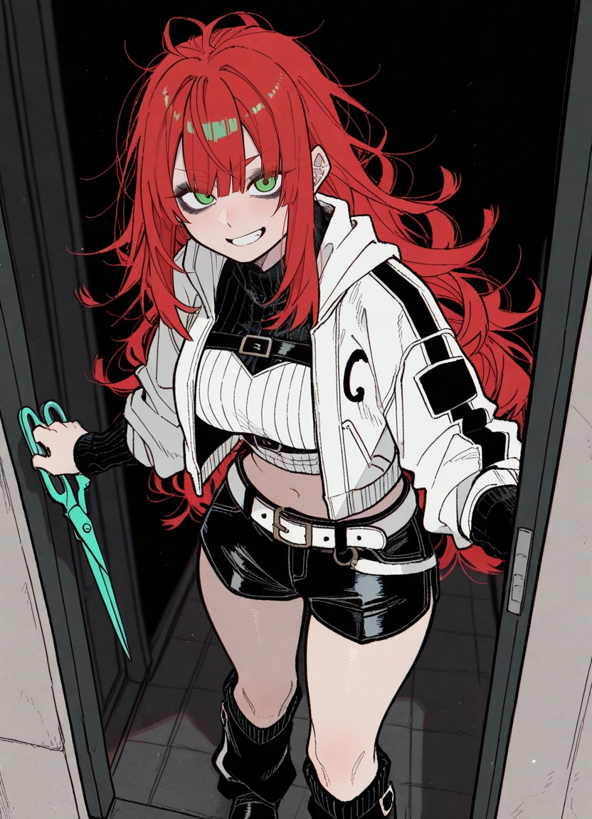 1girl, green eyes, shorts, red hair, smile, long hair · Yamete.gg