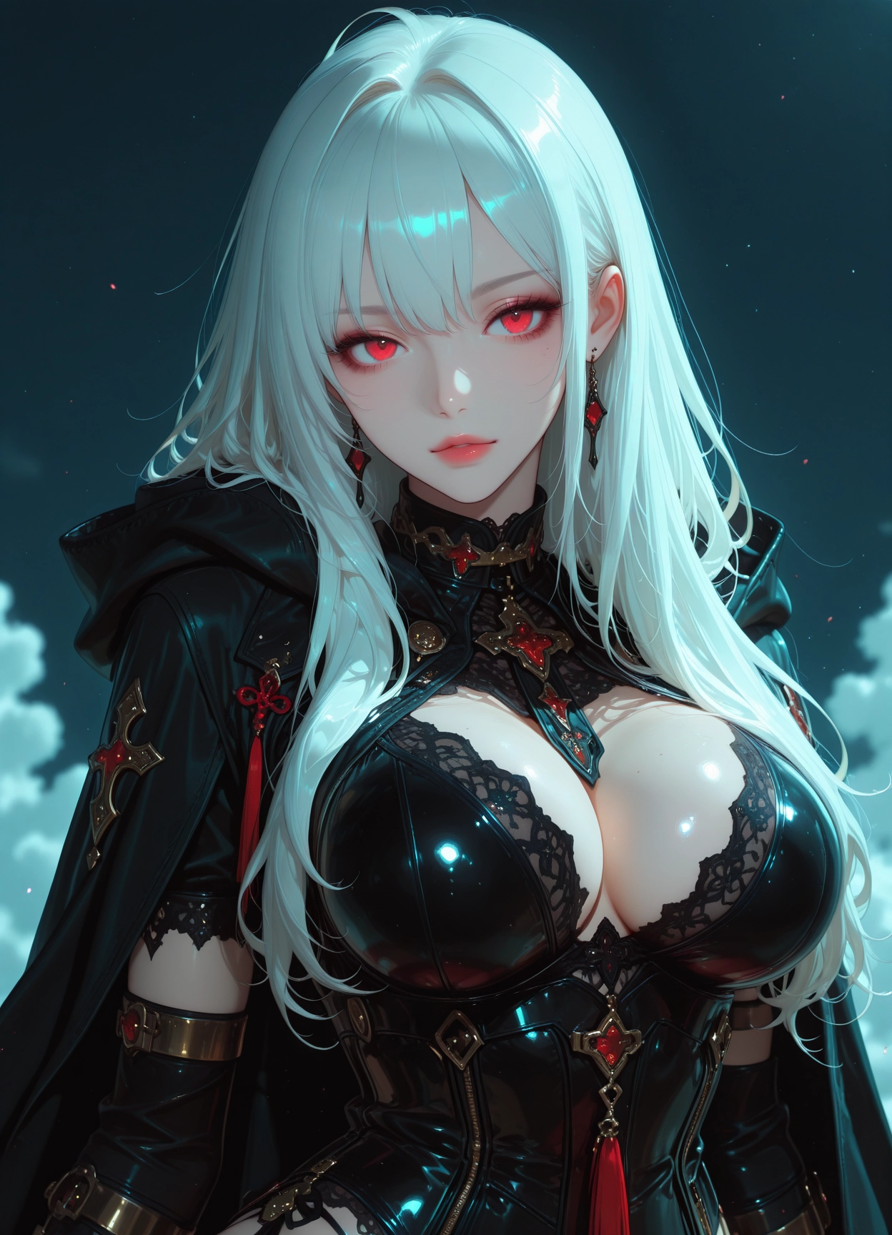 1girl, breasts, jewelry, solo, earrings, red eyes · Yamete.gg
