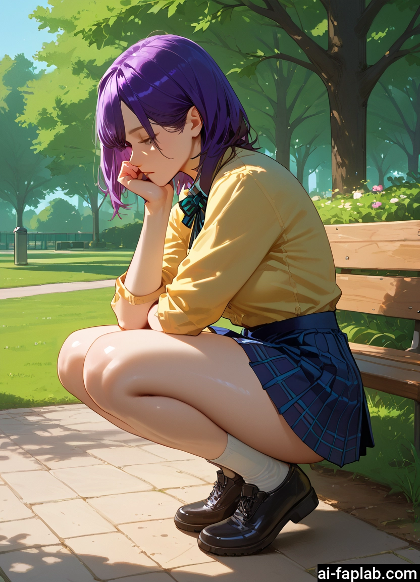 1girl, skirt, squatting, solo, purple hair, tree