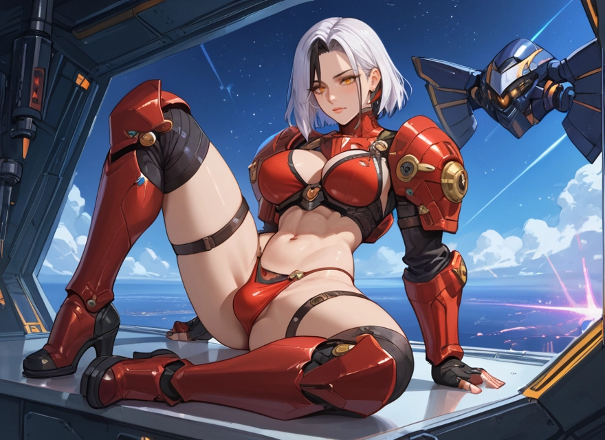 1girl, breasts, navel, multicolored hair, gloves, large breasts · Yamete.gg