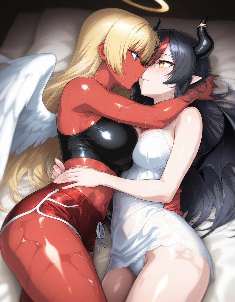 multiple girls, 2girls, blonde hair, horns, wings, halo · Yamete.gg