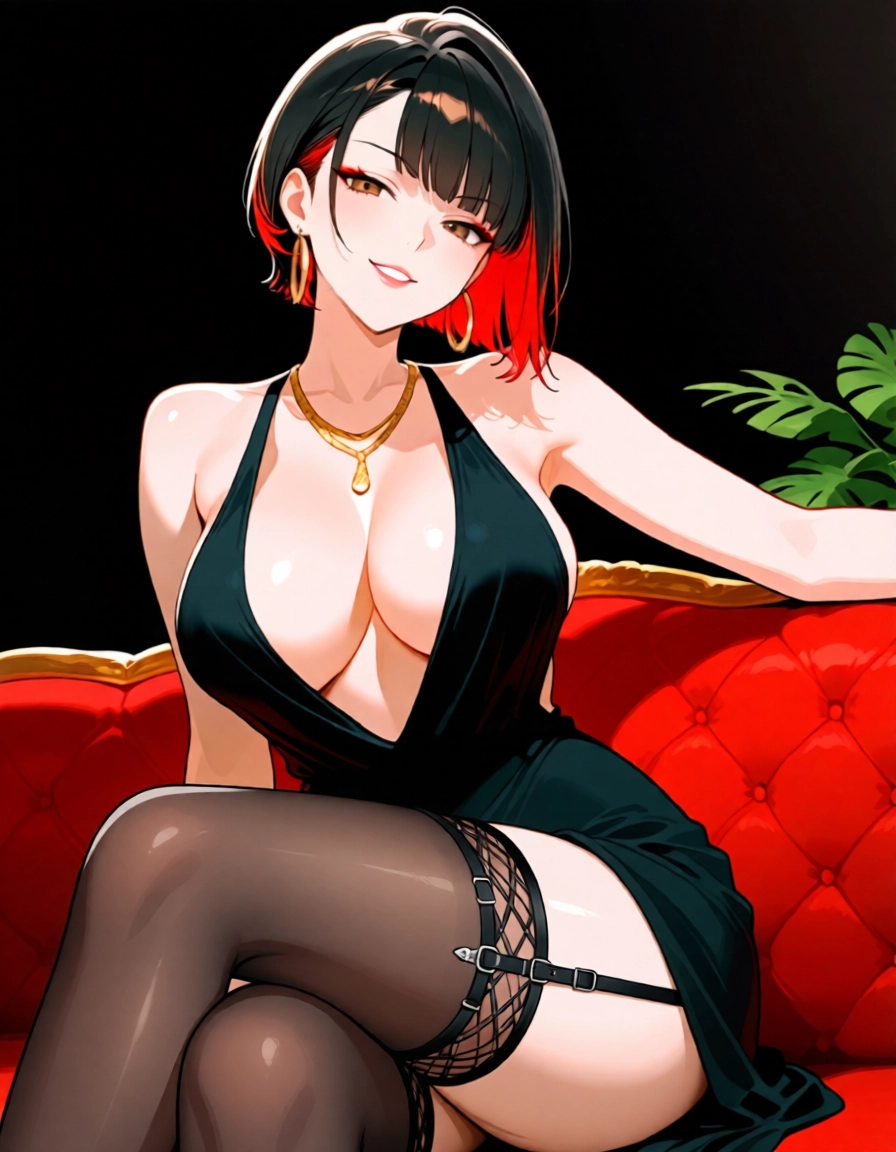 1girl, breasts, solo, jewelry, black hair, dress · Yamete.gg
