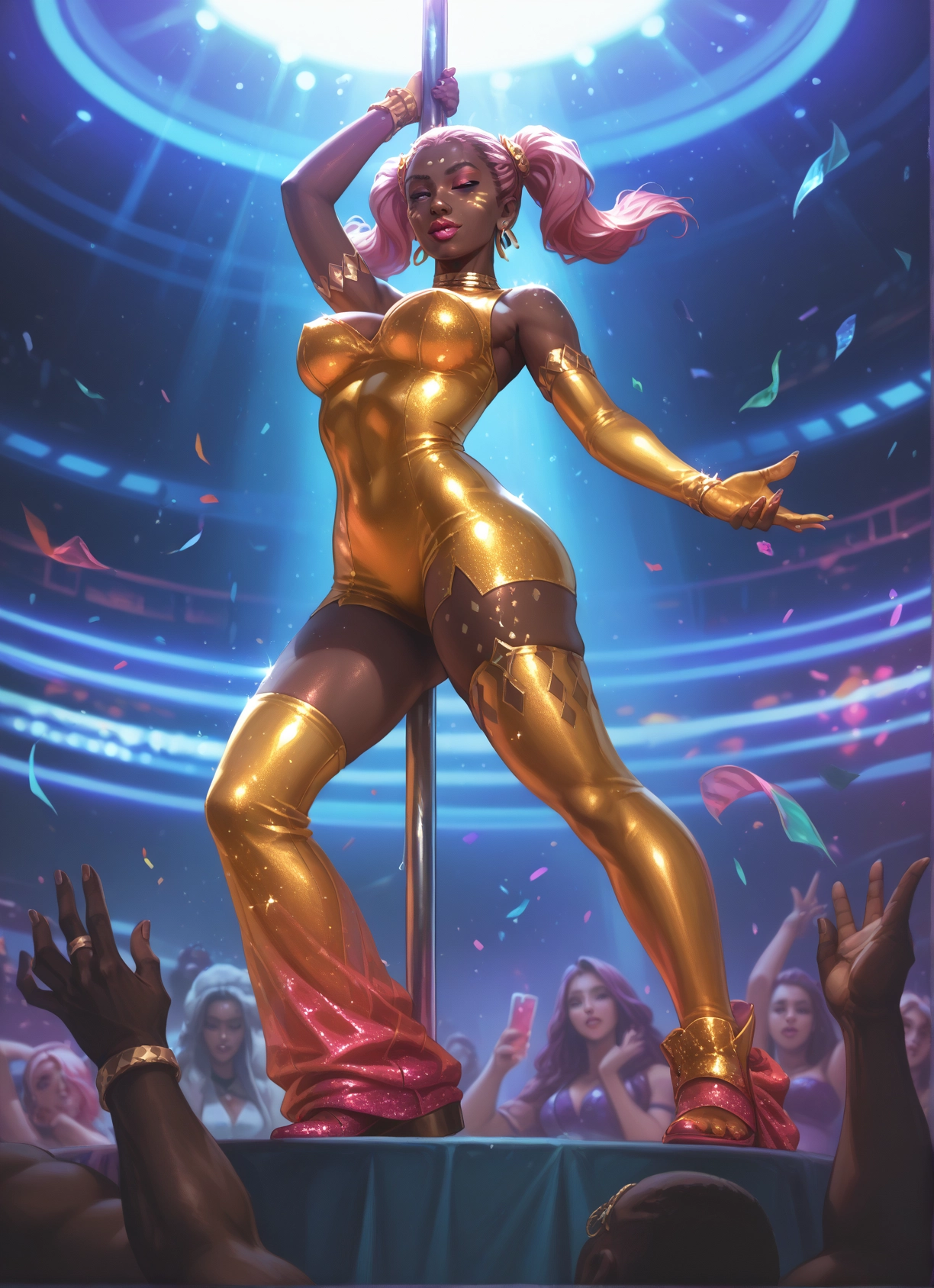 breasts, twintails, jewelry, multiple girls, pole dancing, pink hair · Yamete.gg