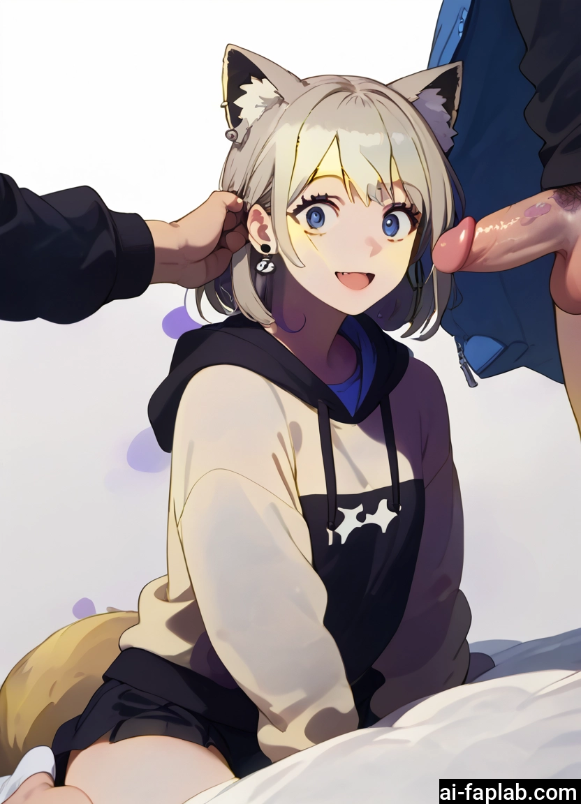 penis, animal ears, 1girl, blue eyes, tail, hood