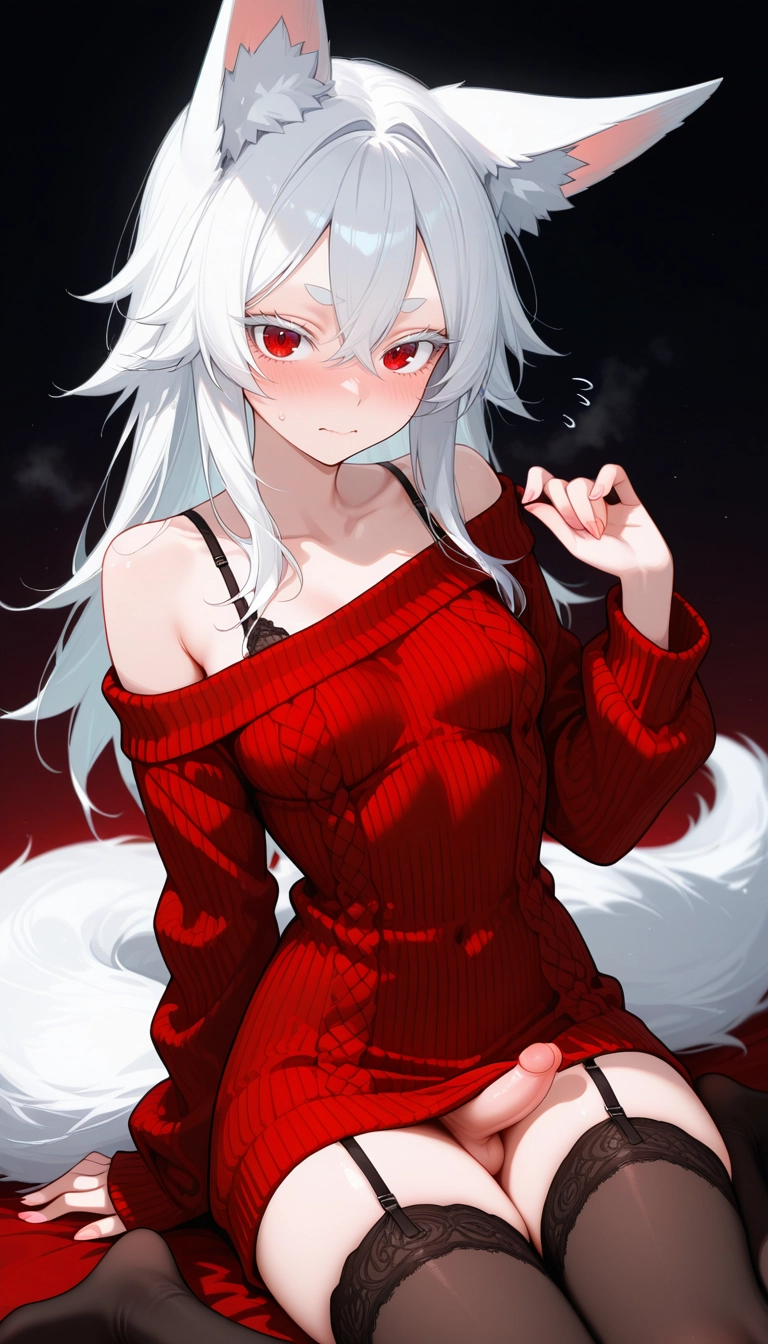 futanari, 1girl, solo, red sweater, thighhighs, sweater · Yamete.gg
