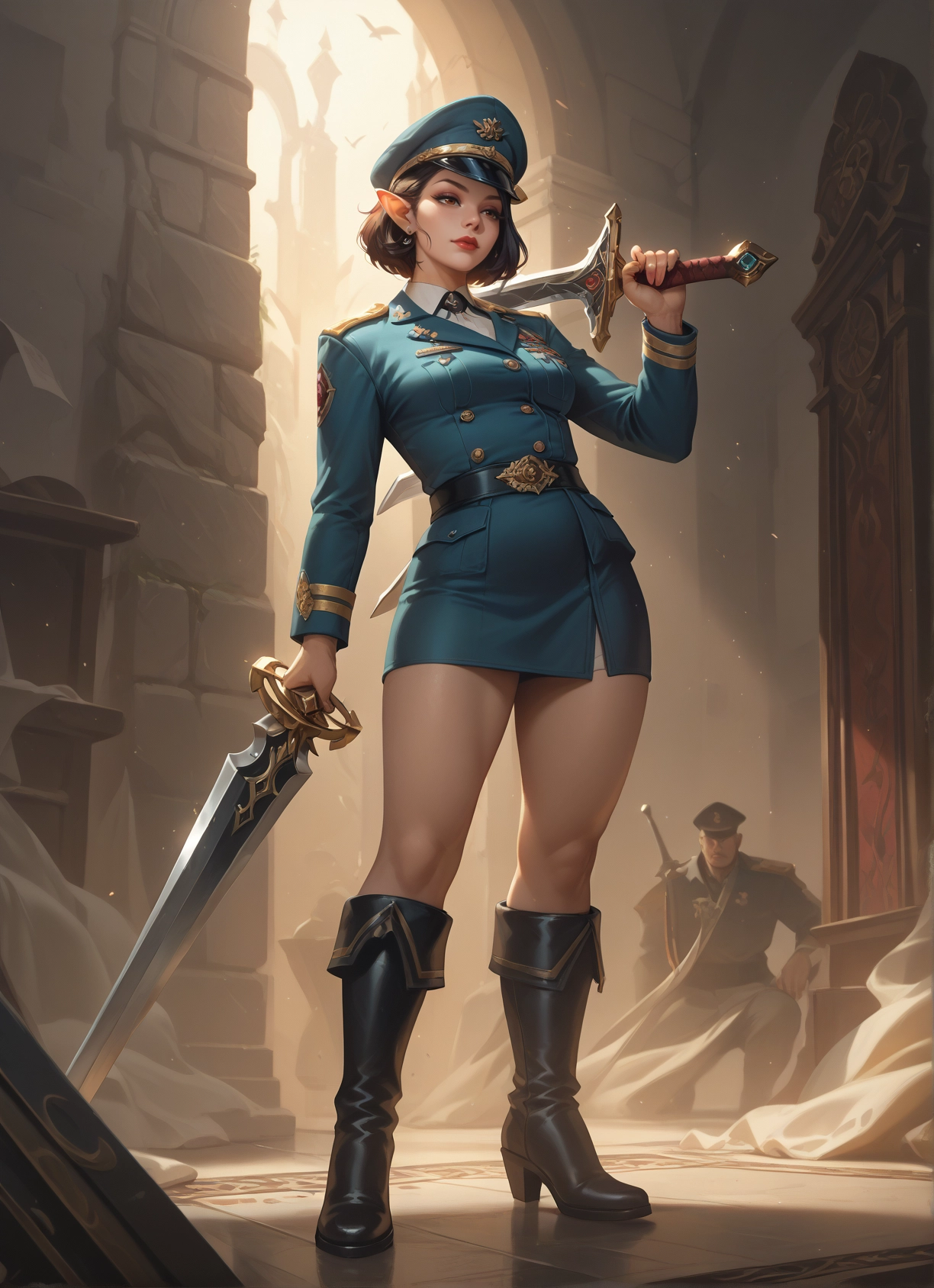 1girl, weapon, sword, boots, pointy ears, hat · Yamete.gg
