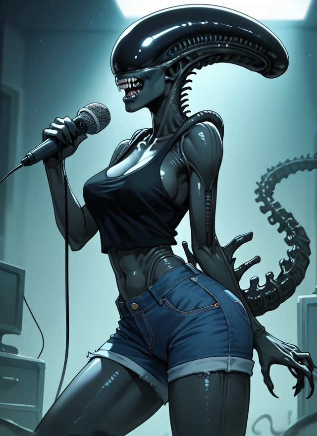 1girl, breasts, shorts, microphone, teeth, solo