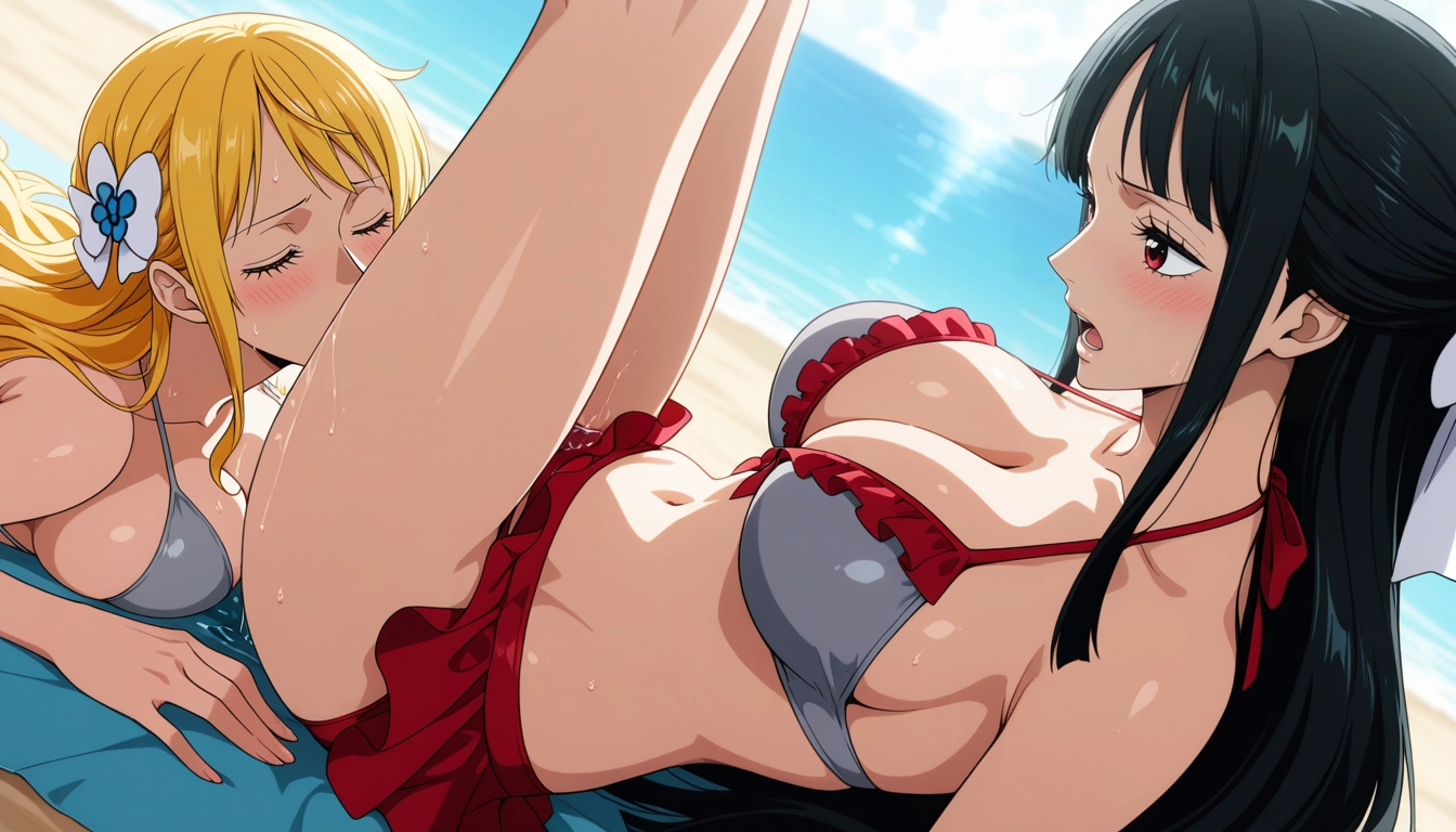 multiple girls, oral, 2girls, breasts, swimsuit, black hair · Yamete.gg
