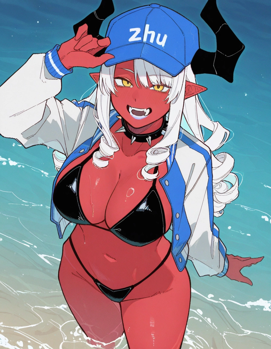 1girl, swimsuit, breasts, bikini, horns, hat · Yamete.gg