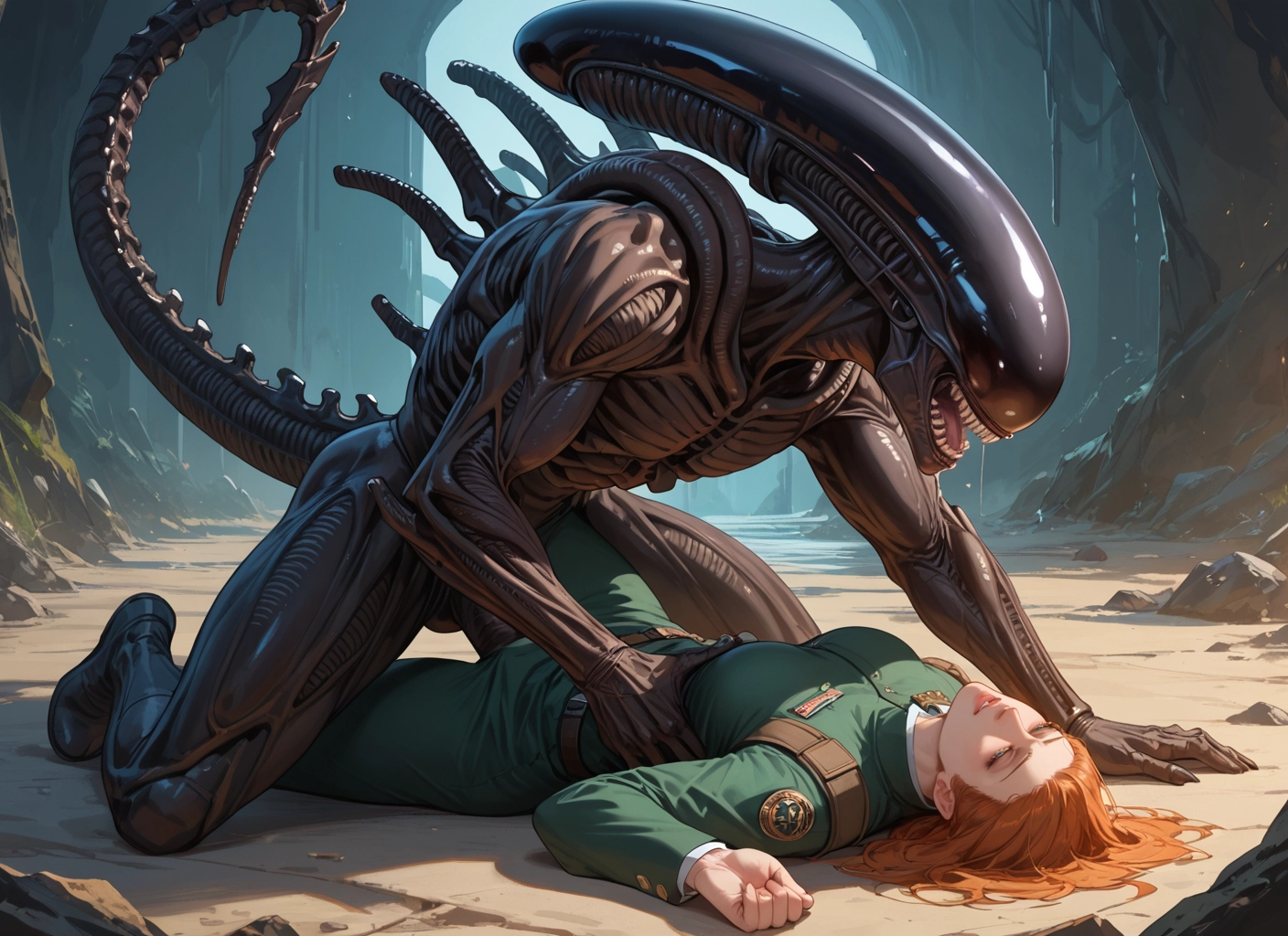 1girl, hetero, lying, long hair, monster, on back · Yamete.gg