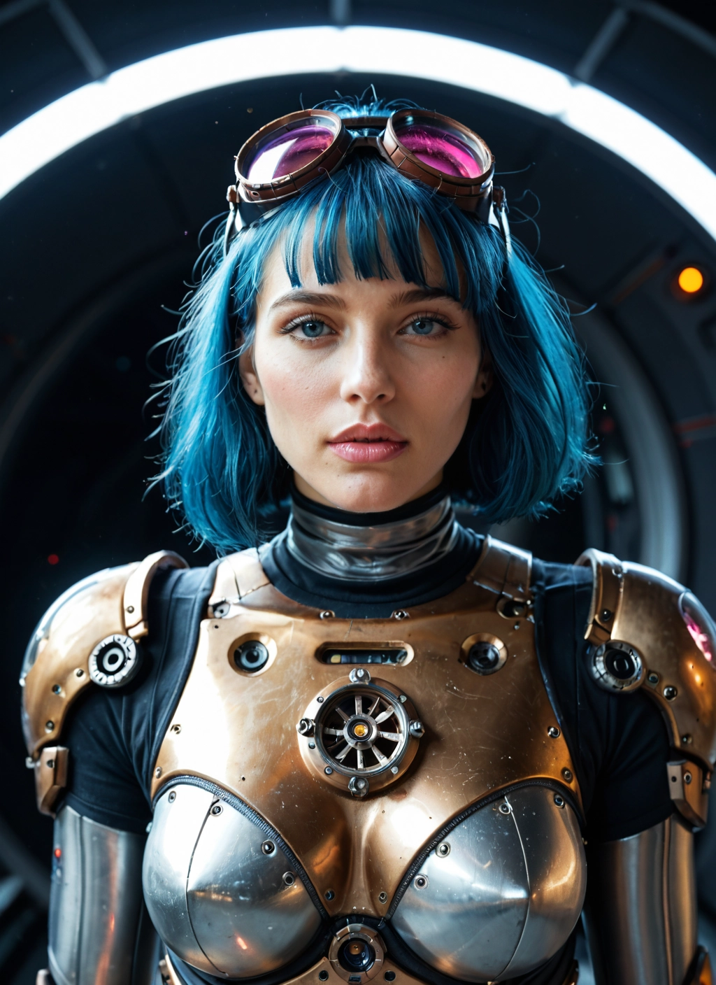 1girl, solo, goggles, goggles on head, looking at viewer, blue hair · Yamete.gg