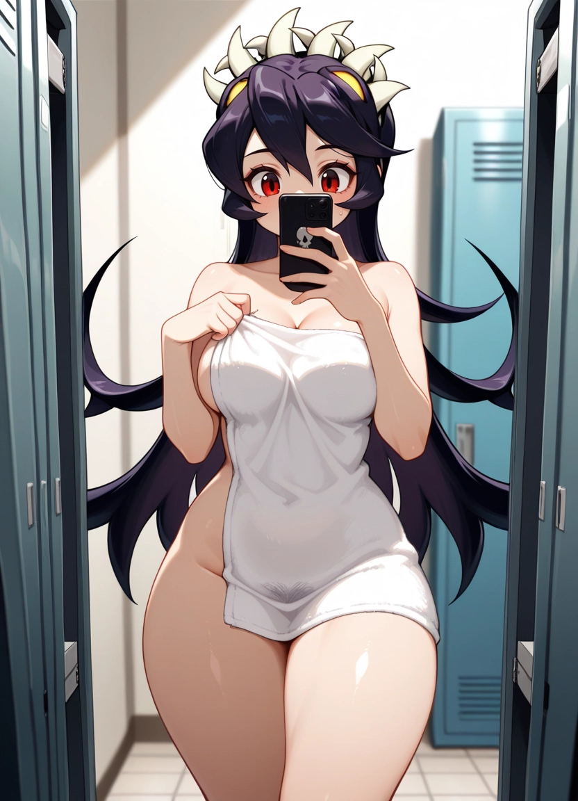1girl, filia (skullgirls), breasts, red eyes, phone, solo · Yamete.gg