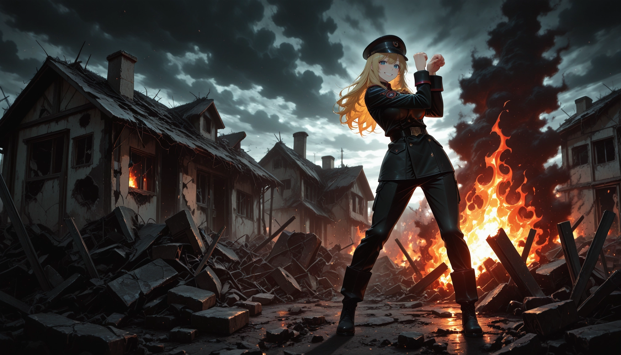 1girl, fire, solo, blonde hair, hat, long hair · Yamete.gg