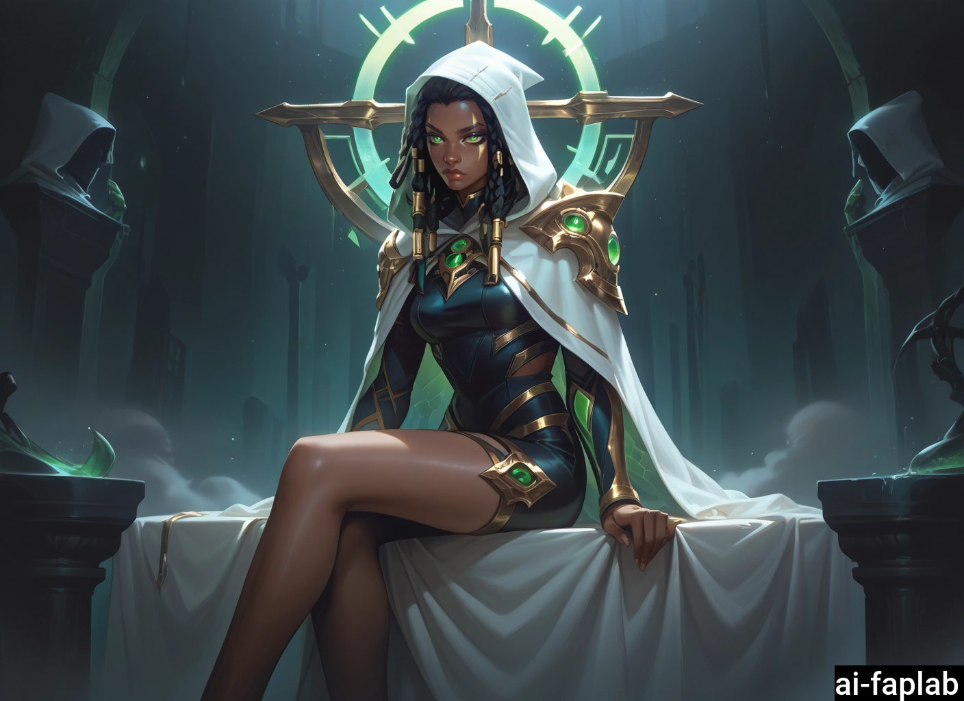 1girl, dark-skinned female, green eyes, solo, sitting, dark skin · Yamete.gg