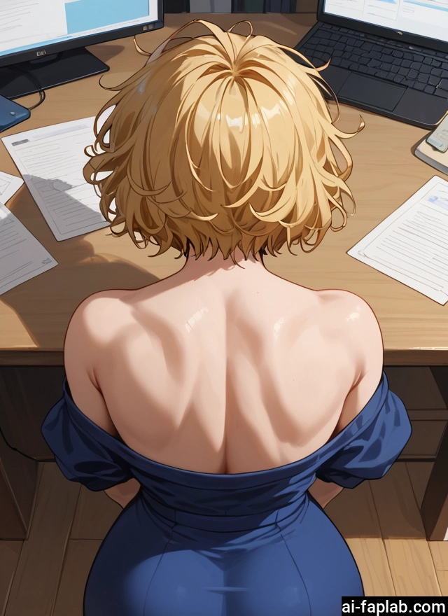 1girl, solo, short hair, blonde hair, computer, from behind · Yamete.gg