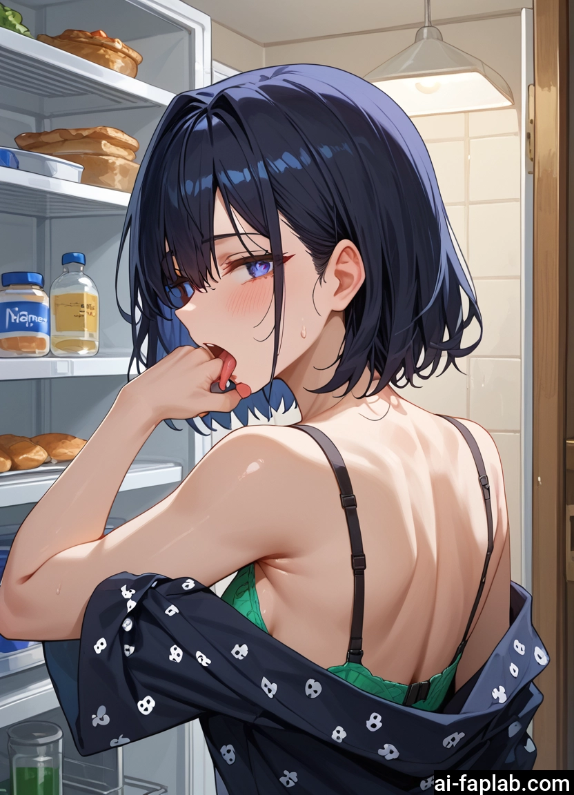 1girl, solo, underwear, bra, short hair, food · Yamete.gg