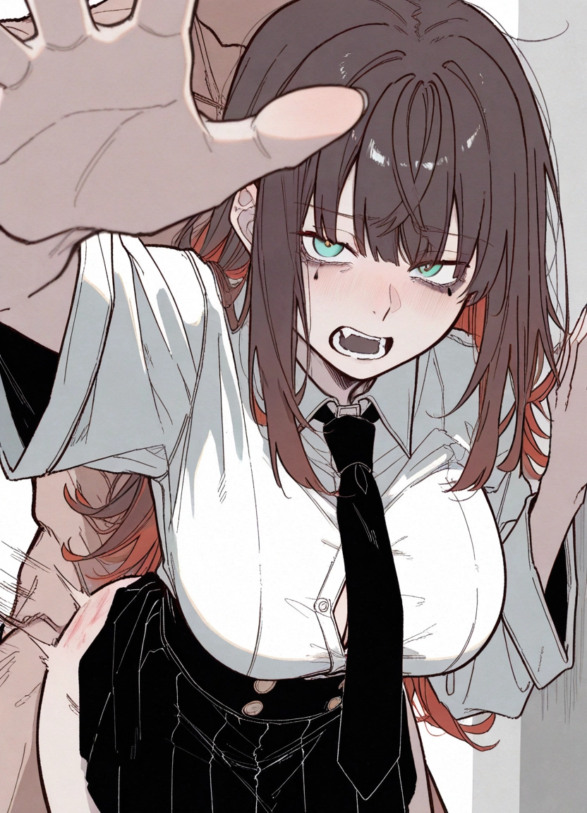 1girl, 1boy, hetero, necktie, long hair, open mouth