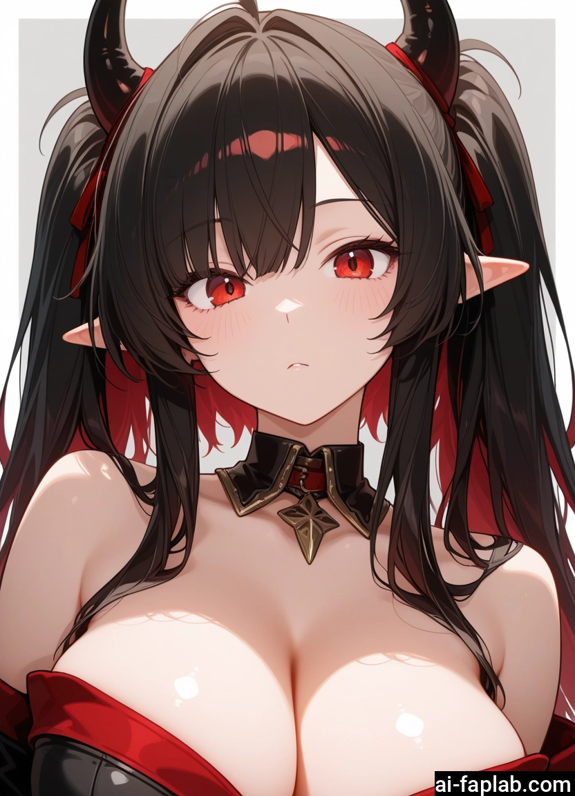 breasts, 1girl, horns, red eyes, solo, pointy ears · Yamete.gg