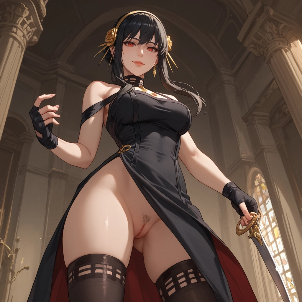 1girl, solo, weapon, breasts, two-sided fabric, yor briar · Yamete.gg