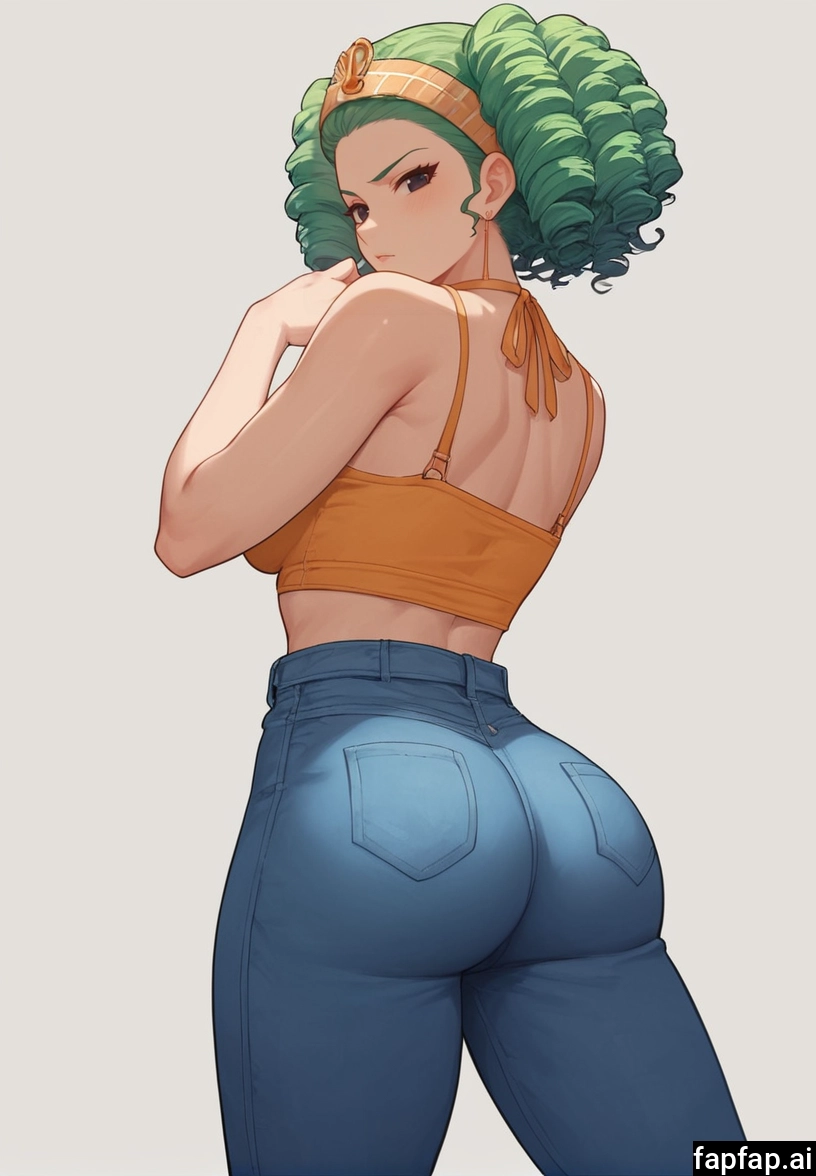 1girl, solo, green hair, ass, pants, looking back