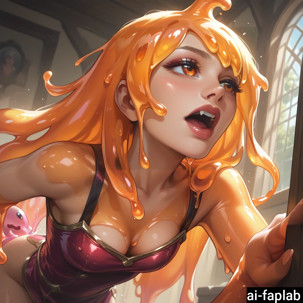 breasts, orange hair, orange eyes, long hair, open mouth, cleavage · Yamete.gg