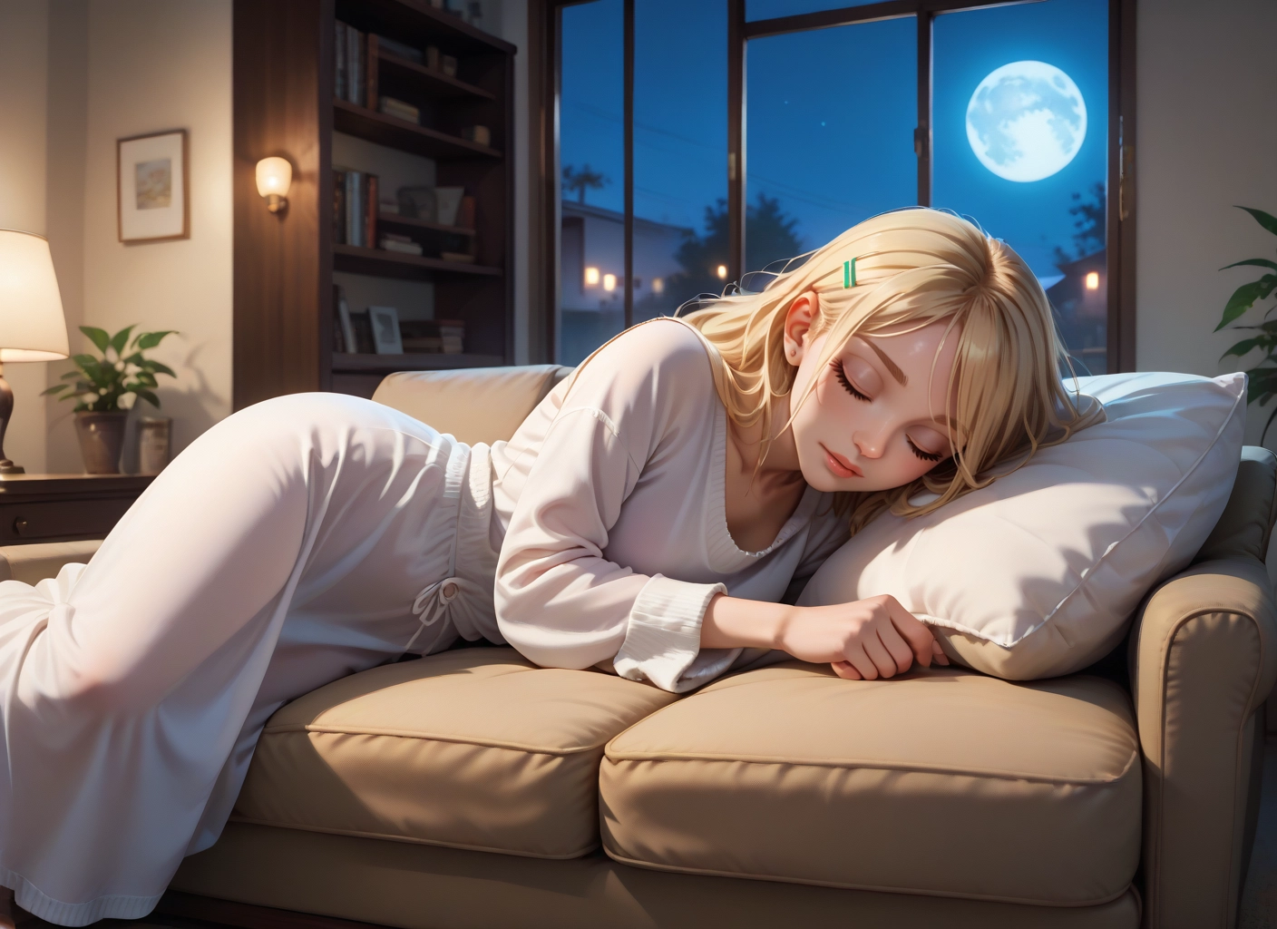 1girl, blonde hair, solo, moon, hair ornament, closed eyes · Yamete.gg