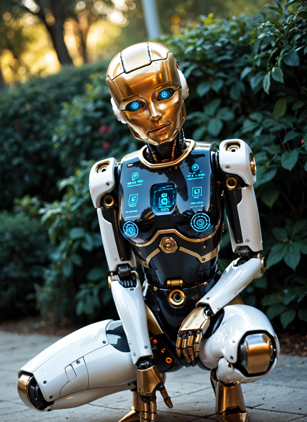 solo, blue eyes, 1girl, squatting, robot, robot joints · Yamete.gg