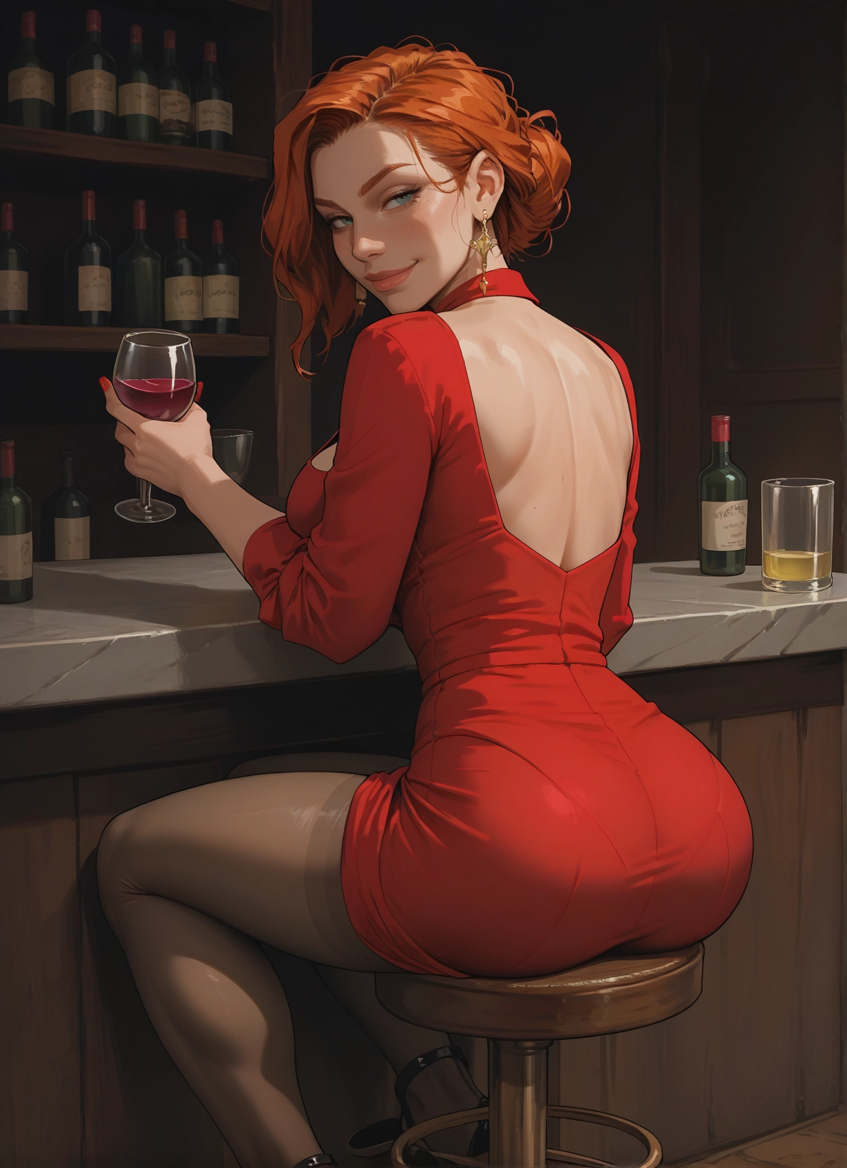 1girl, ass, jewelry, earrings, cup, dress · Yamete.gg