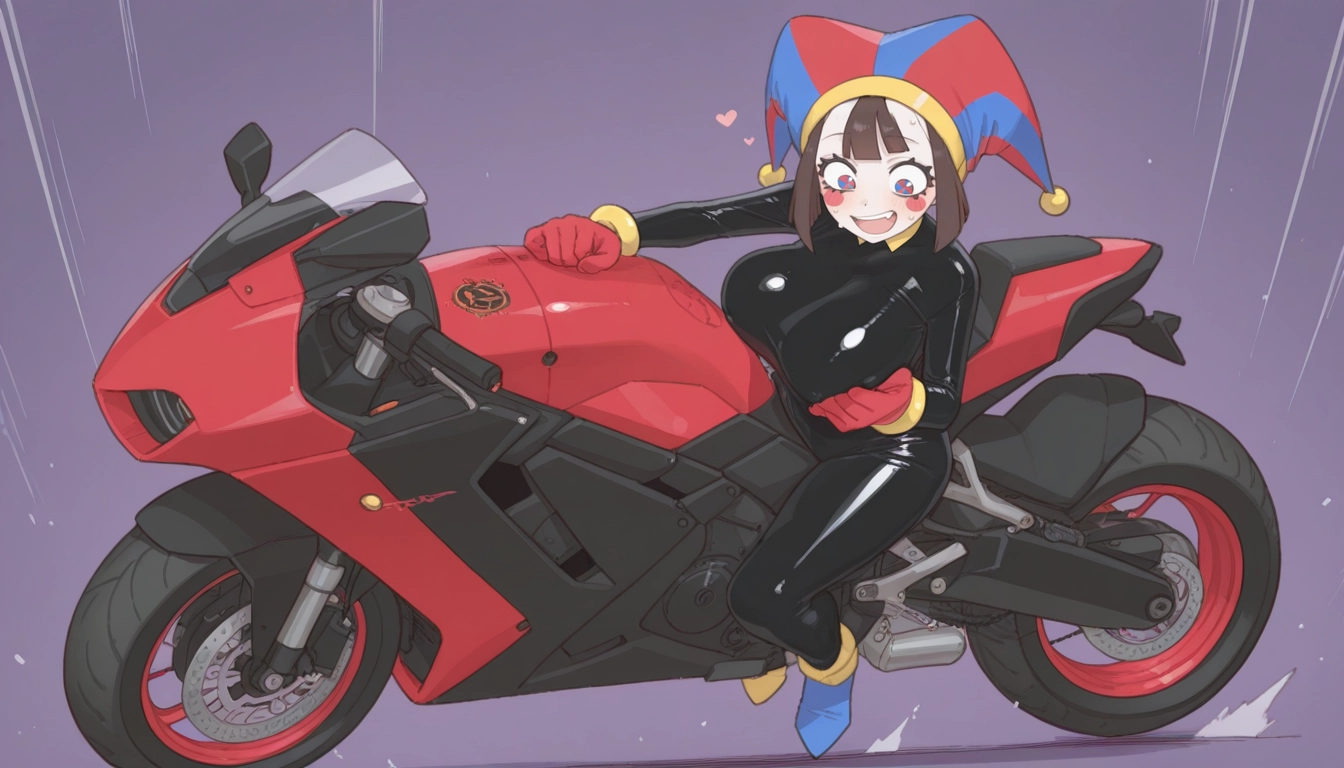 1girl, ground vehicle, bodysuit, motorcycle, motor vehicle, breasts · Yamete.gg