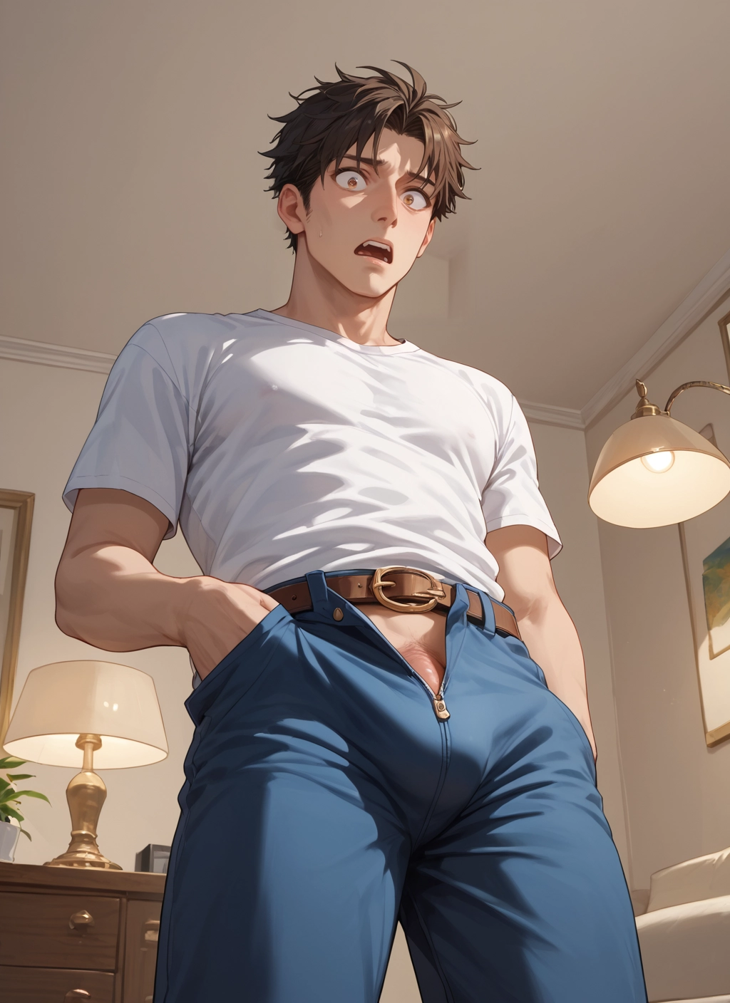 male focus, 1boy, solo, pants, shirt, brown hair · Yamete.gg