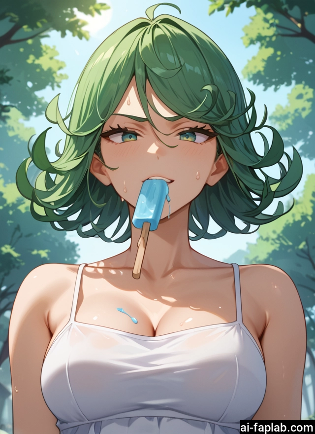 1girl, breasts, food, solo, green hair, green eyes