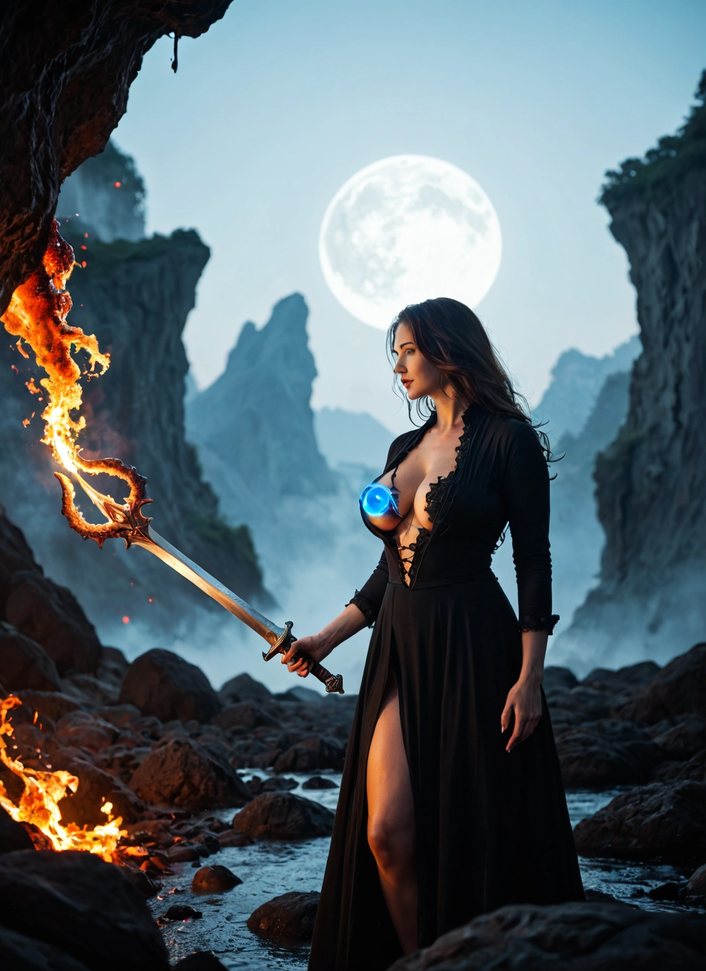 1girl, weapon, sword, breasts, moon, fire · Yamete.gg