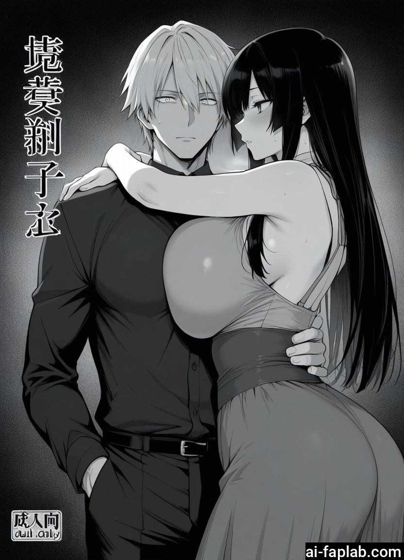 monochrome, greyscale, breasts, 1girl, 1boy, long hair