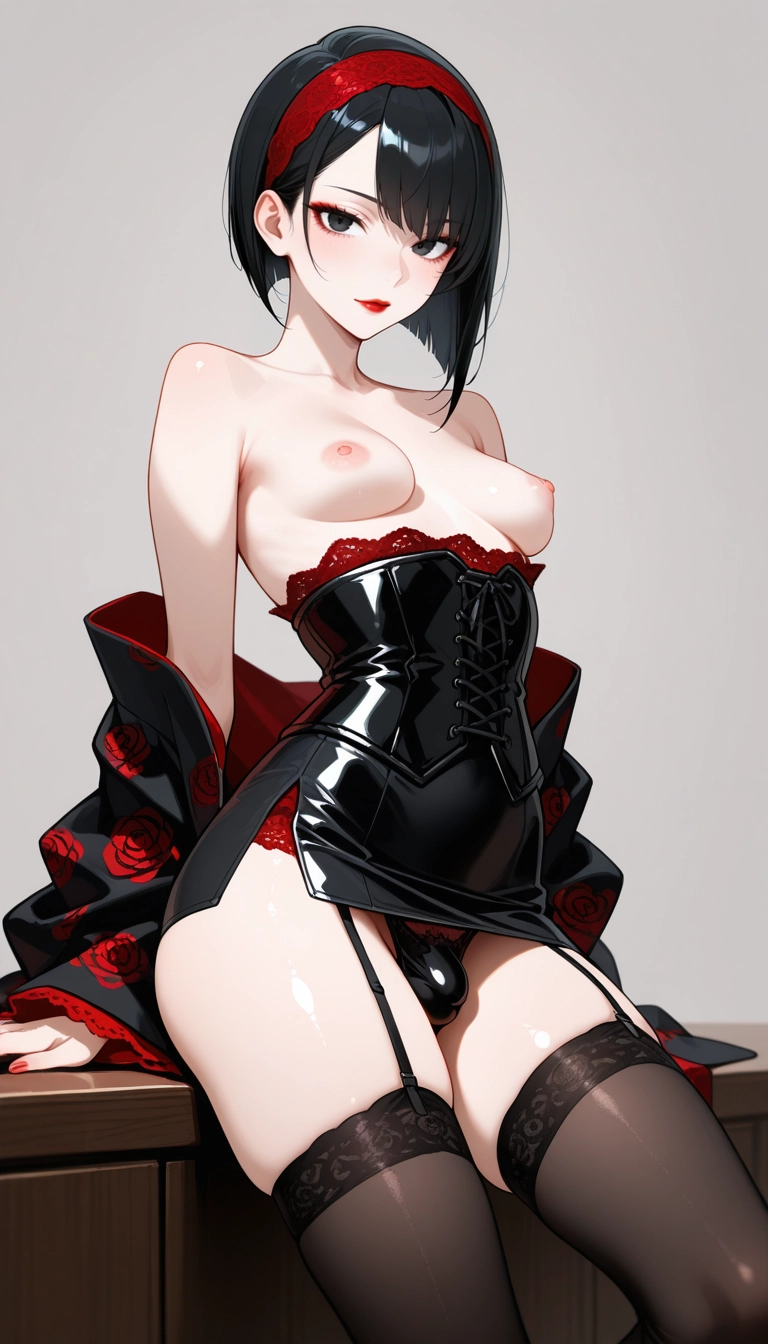 nipples, solo, thighhighs, black hair, hairband, breasts · Yamete.gg