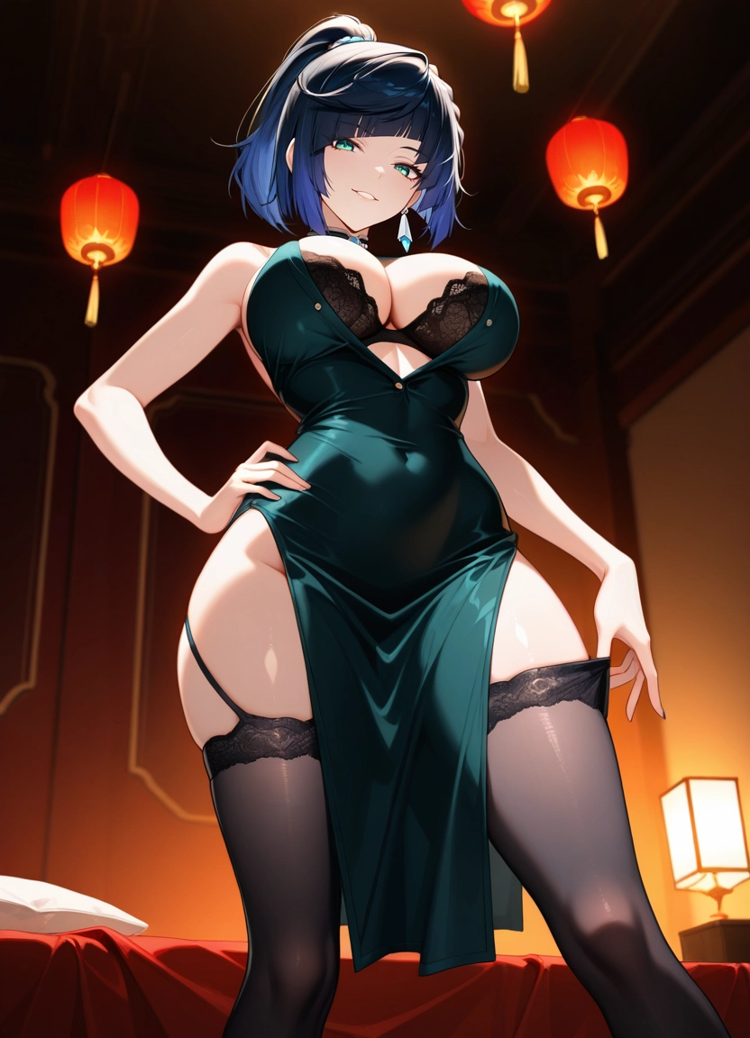 1girl, breasts, pelvic curtain, large breasts, thighhighs, solo · Yamete.gg